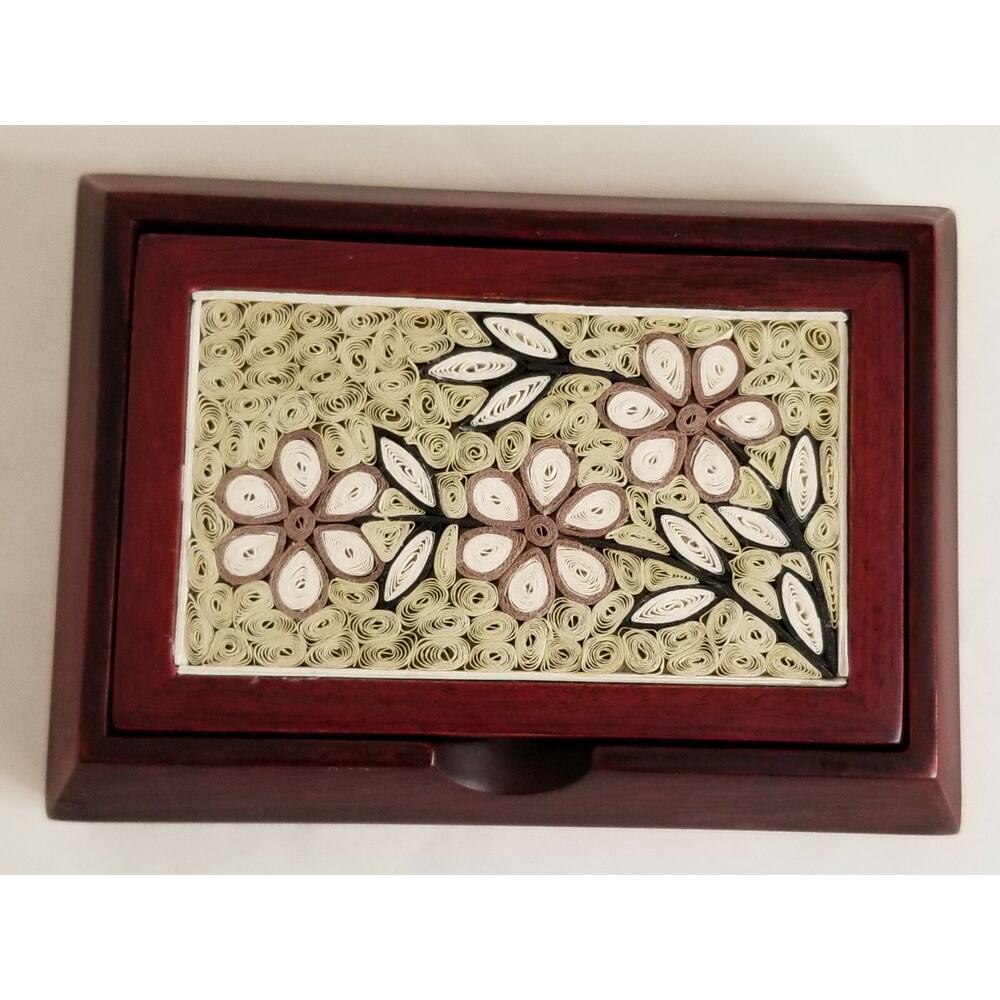 HANOI Wooden Business Card Box Holder Cherry Stain Paper Inlay HANDMADE B-27